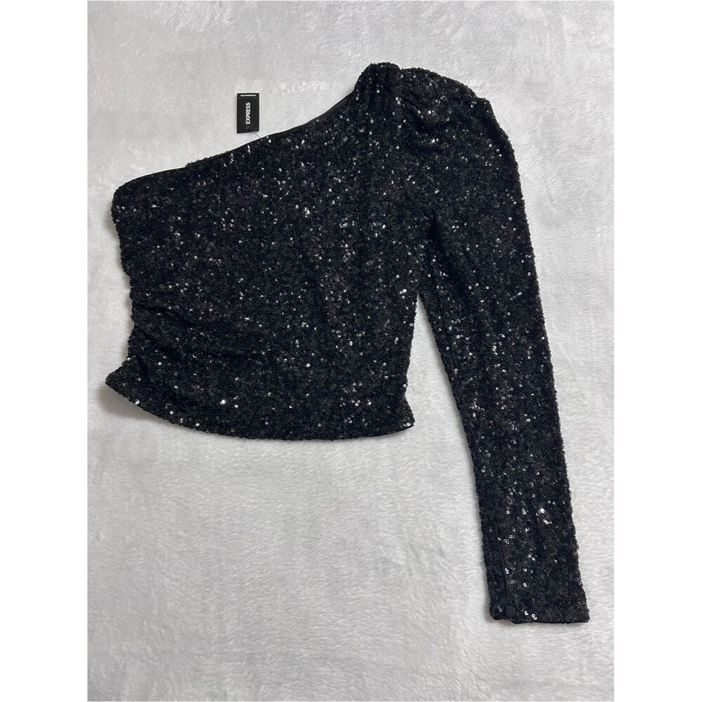 Express Black Sequin One Shoulder Crop Top Women’s Medium Party Club